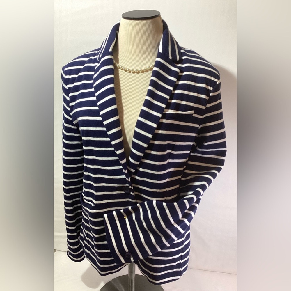 GAP Women’s Jacket Business Size 12 Cotton Knit Blue/White Stripes Long Sleeves